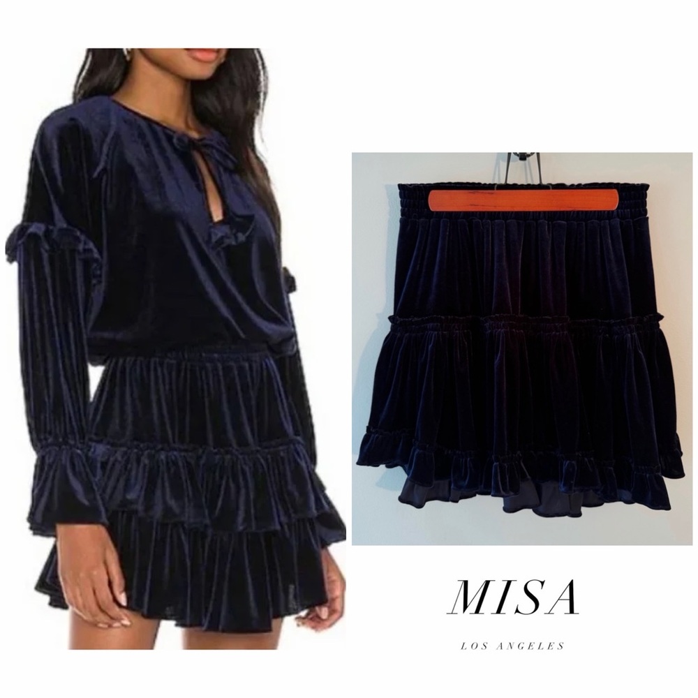 Like New - MISA Los Angeles Blue Velvet Ruffle Skirt (L)